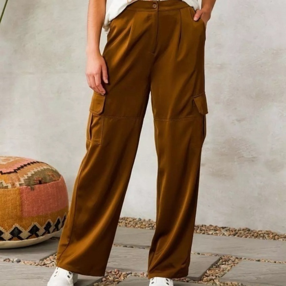 UEC LUMIERE MUSTARD YELLOW Wide Leg Satin Cargo Pant SZ M